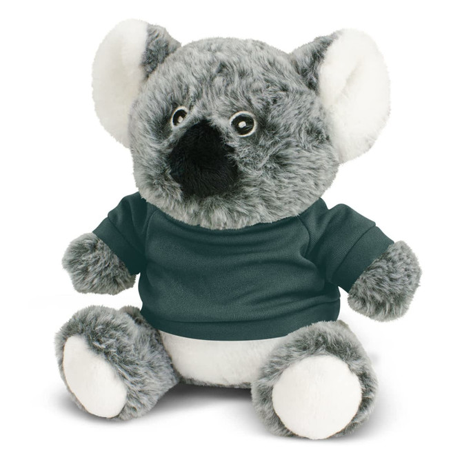 A grey koala plush toy wearing a dark green shirt, featuring soft fur and a cheerful expression.