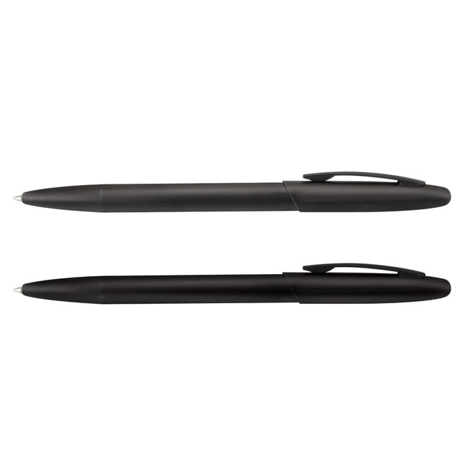 Two black metal pens are displayed side by side, featuring sleek designs and clip mechanisms.