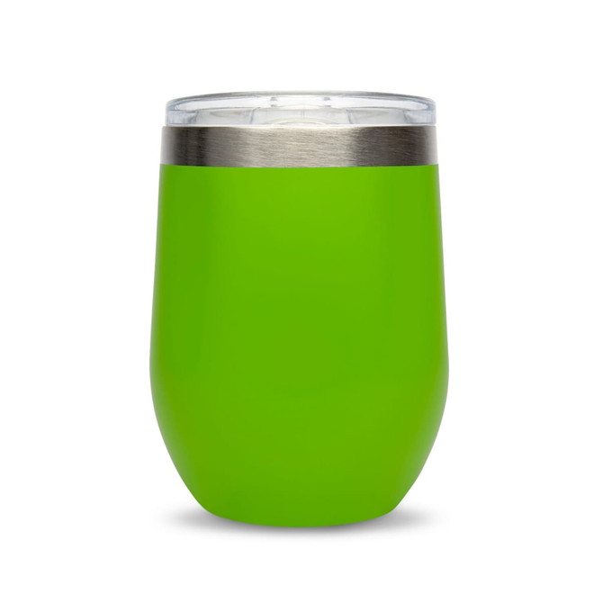 A reusable coffee cup in vibrant green with a clear lid and stainless steel rim, designed for hot or cold beverages.