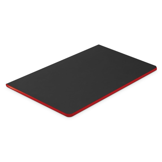 A black notebook with a red edge and a smooth cover, featuring a logo on the front.