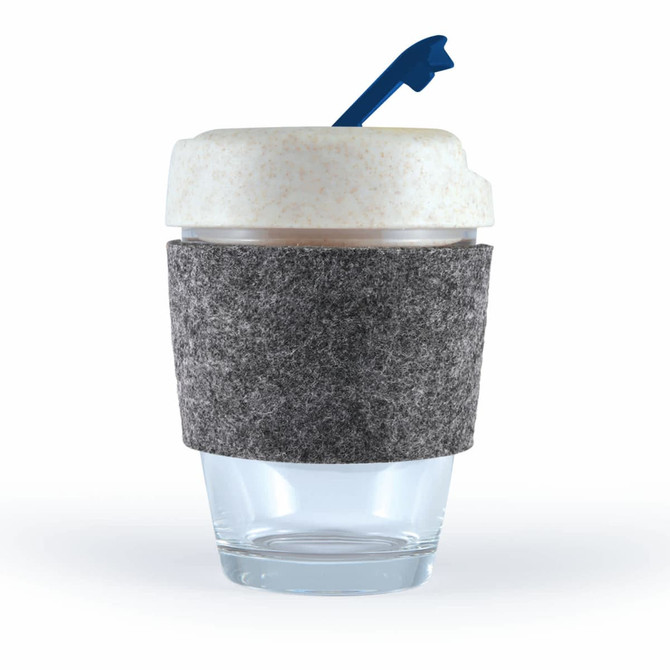 A reusable coffee cup with a clear base, a speckled white lid, and a grey felt band. It features a blue straw.