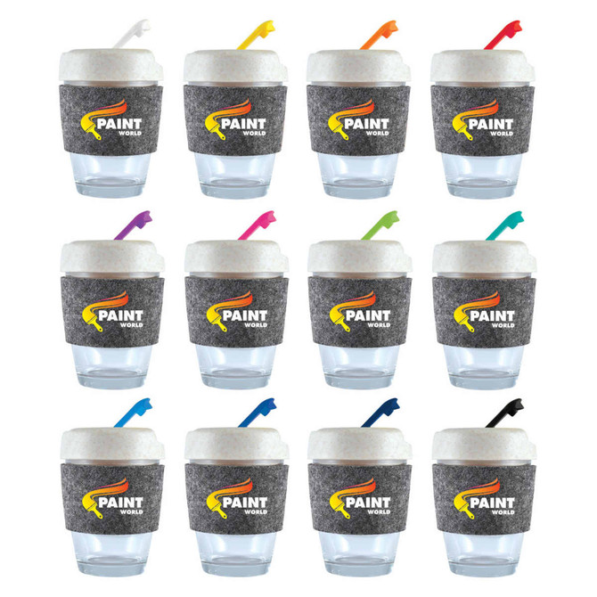 A collection of reusable coffee cups in various colors with a textured band and a lid, featuring a logo.