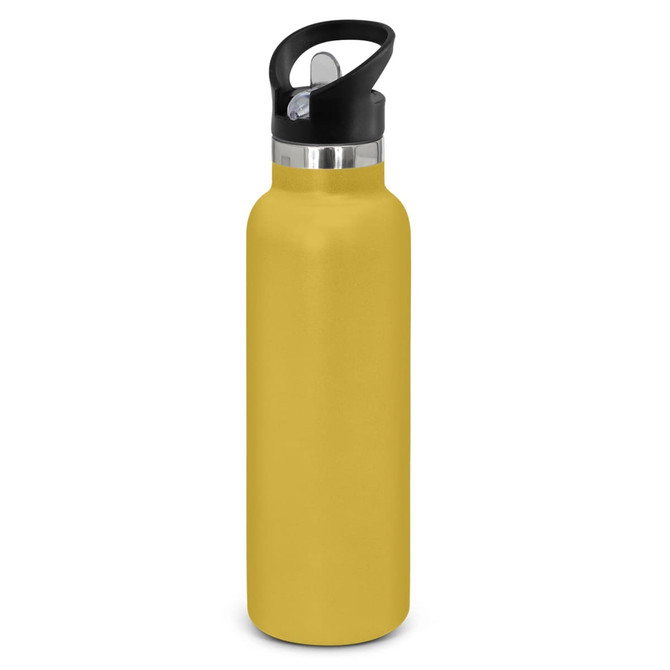A drink bottle in a vibrant yellow powder-coated finish, featuring a black cap and ergonomic handle for easy carrying.