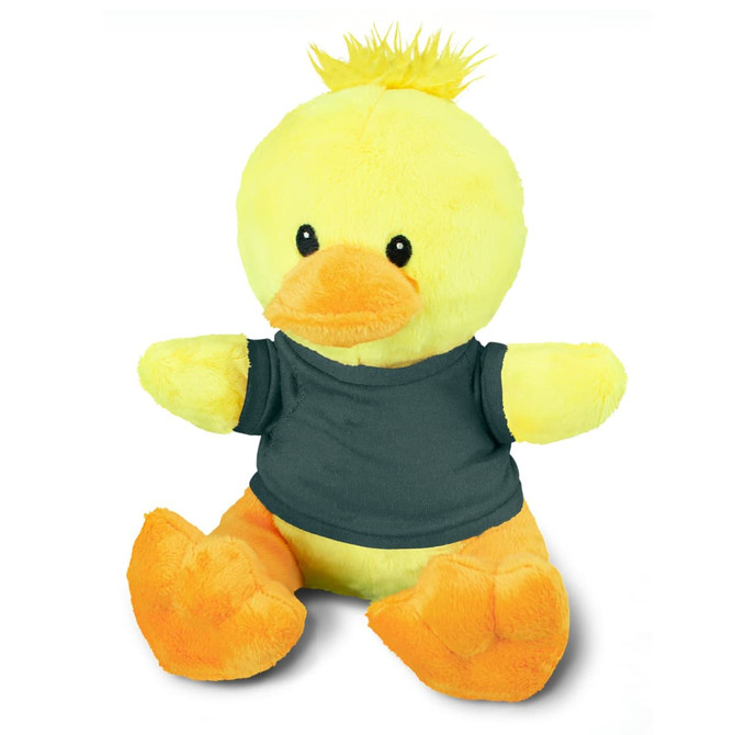 A yellow duck plush toy with an orange beak and feet, wearing a dark shirt, featuring a logo.