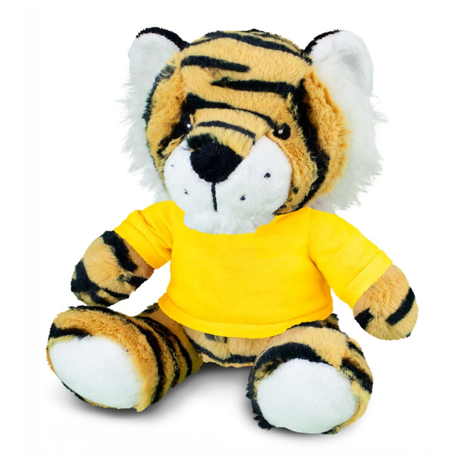 A plush tiger toy with orange and black stripes, wearing a yellow shirt, seated and smiling. It has a branded logo.