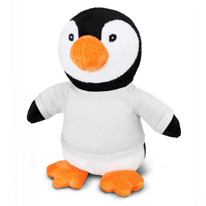 A plush toy penguin with a black and white body, orange beak and feet, wearing a grey shirt. Features a logo on the shirt.