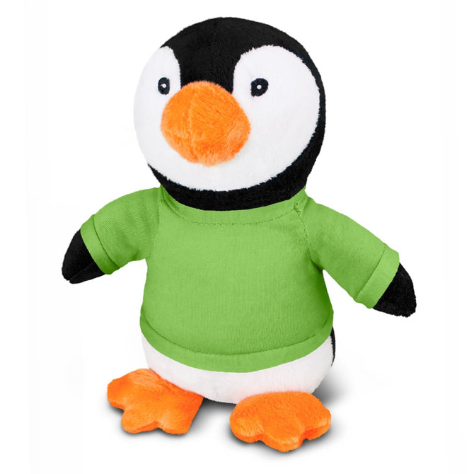 A plush penguin toy wearing a green shirt, with black, white, and orange features. It has a friendly expression.