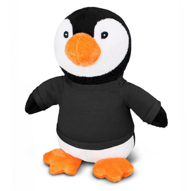A plush penguin toy with a black shirt, featuring orange feet and a bright orange beak, has a logo on its chest.
