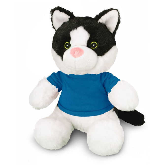 A black and white cat plush toy wearing a blue shirt, with bright green eyes and a soft, cuddly texture.