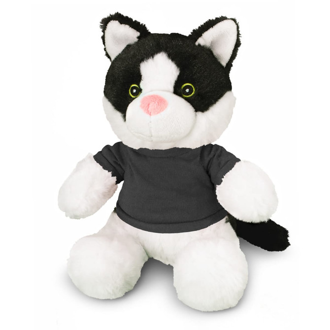 A black and white cat plush toy with bright green eyes and a removable grey shirt. Soft and cuddly design.