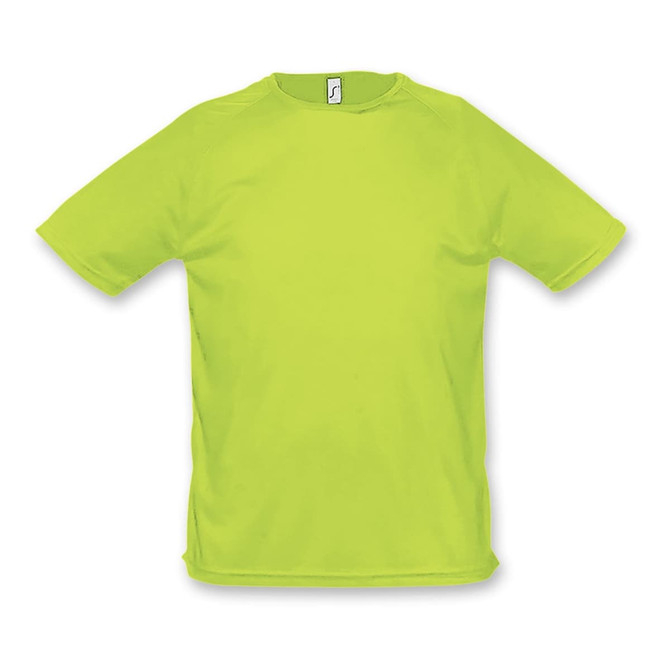 A bright green mens t-shirt featuring a crew neck and short sleeves, with a logo on the front.