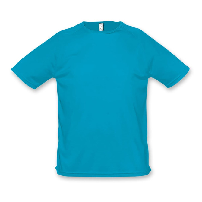 A turquoise men's T-shirt with short sleeves, featuring a logo on the neckline.