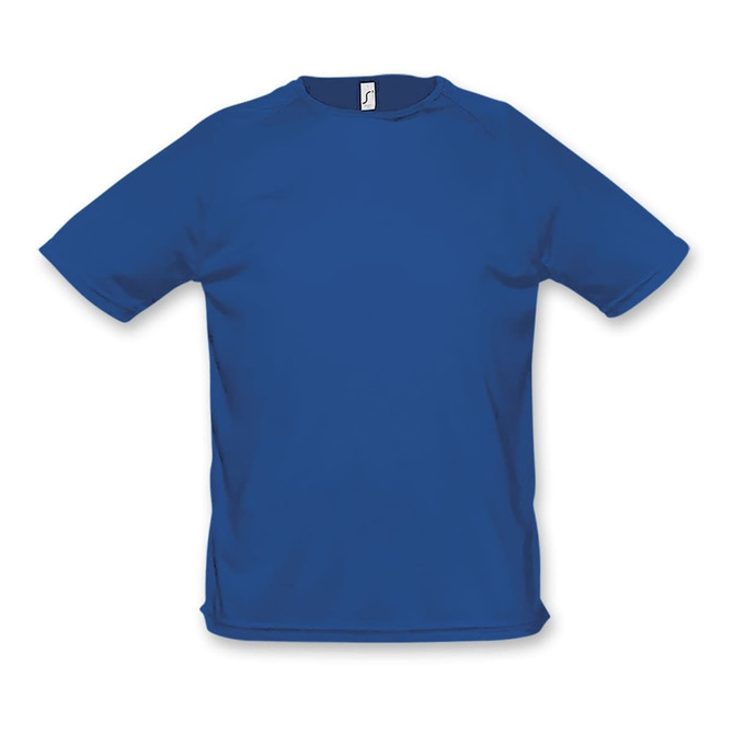 A blue SOLS Sporty men's T-shirt with a logo, featuring short sleeves and a standard fit.