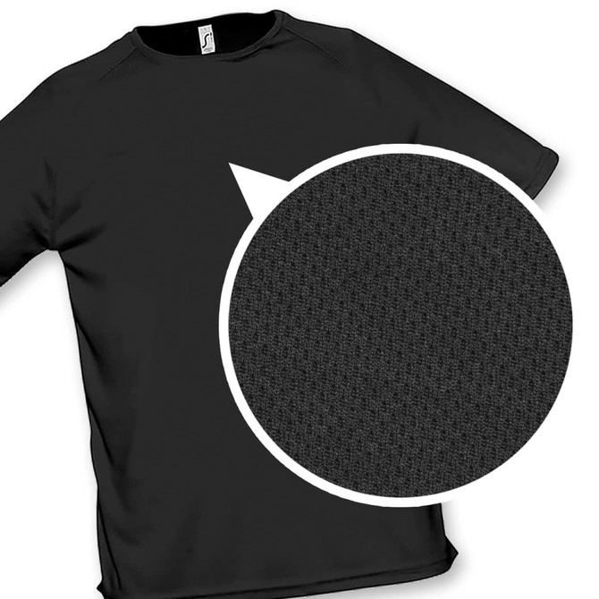 A black sporty men's T-shirt featuring a textured fabric and a logo on the label.