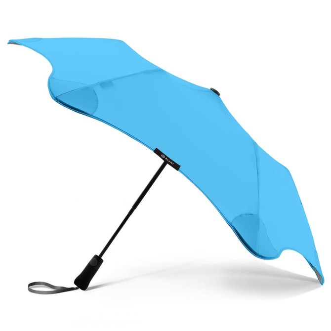 A bright blue umbrella with a sleek design and a black handle, featuring a logo on the shaft.