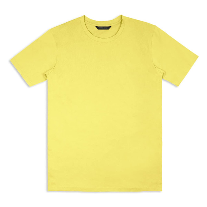 A plain yellow unisex T-shirt with a round neckline and short sleeves, featuring a brand logo.