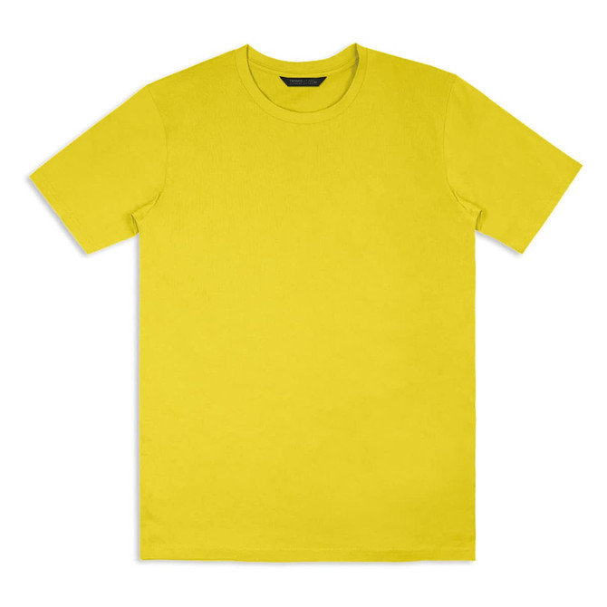 A bright yellow unisex T-shirt displayed flat, featuring short sleeves and a simple design. It has a logo on the label.