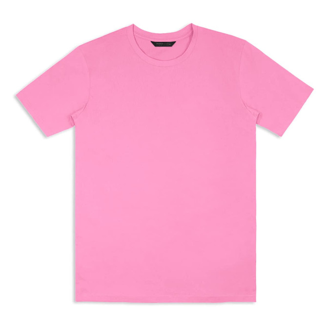 A pink unisex T-shirt with a crew neck and short sleeves, featuring a logo.