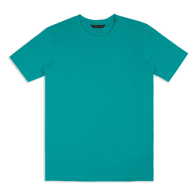 A vibrant teal unisex t-shirt with a classic crew neck design and short sleeves. It has a logo on the label.