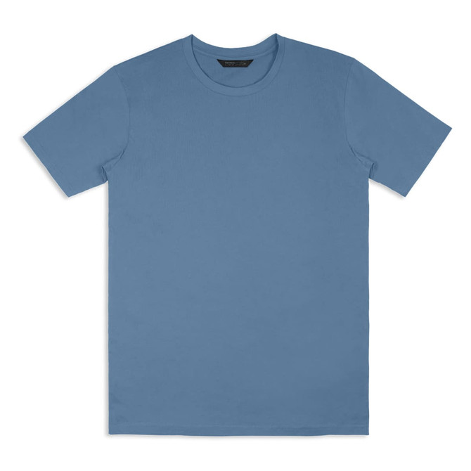 A unisex T-shirt in a soft blue hue, featuring a simple design and a logo on the label.