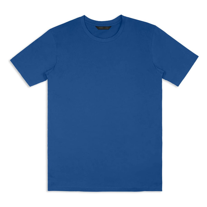 A blue unisex T-shirt featuring a solid colour design and a label with branding.