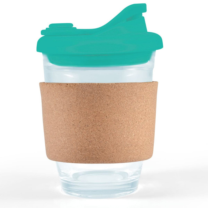 A reusable coffee cup featuring a clear body, a teal snap lid, and a cork band around the middle.
