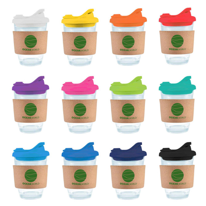 A collection of reusable coffee cups with cork bands and various colorful snap lids, featuring a logo on each cup.