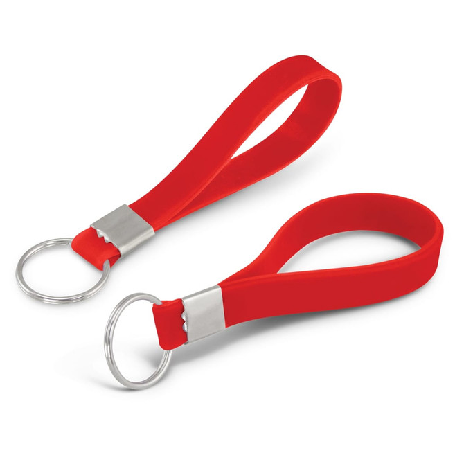 A red silicone key ring with a debossed design, featuring a metal attachment for keys.