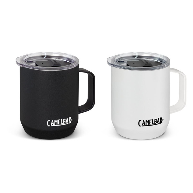 A drink mug set featuring a black and a white vacuum-insulated design, each with a clear lid and a handle.
