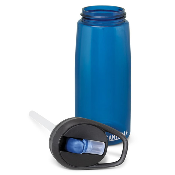 A drink bottle in blue with a removable black lid and a straw, featuring a logo on the side.