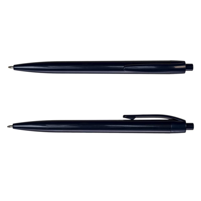 A plastic pen in dark blue featuring a click mechanism and a clip for attachment. It has a sleek, modern design.