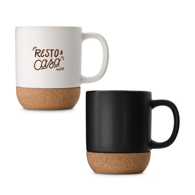 A ceramic mug with a cork base, available in white with text and a solid black version. Both feature a handle and a logo.