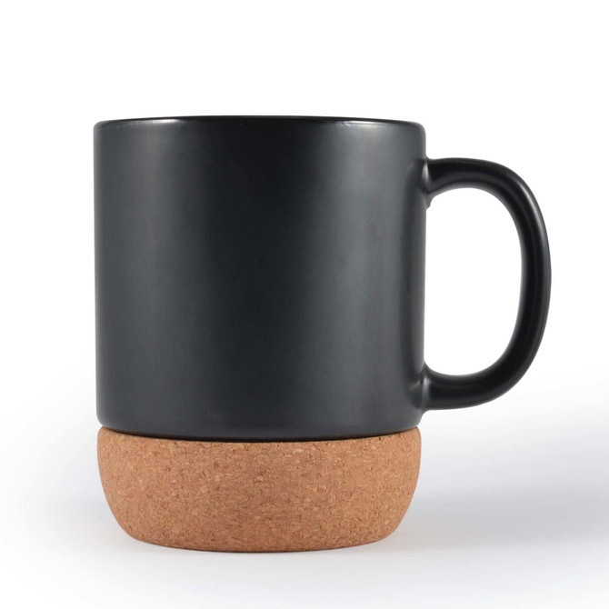 A ceramic mug featuring a sleek black finish and a natural cork base, designed for coffee and hot beverages.