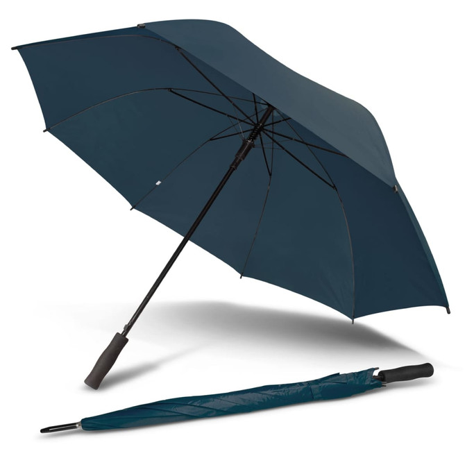 A dark blue umbrella laid open beside its matching folded cover, featuring a handle and a small logo.