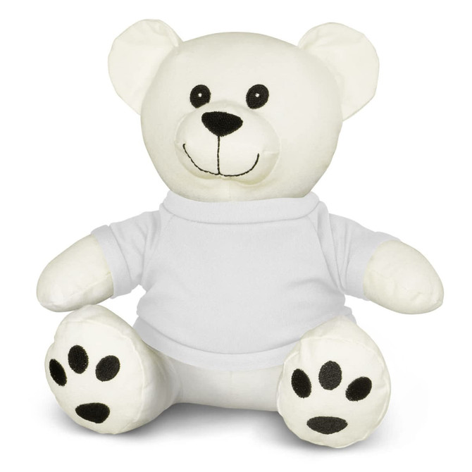 A white plush bear toy with a smiling face and a blank shirt, featuring black paw prints on its feet.