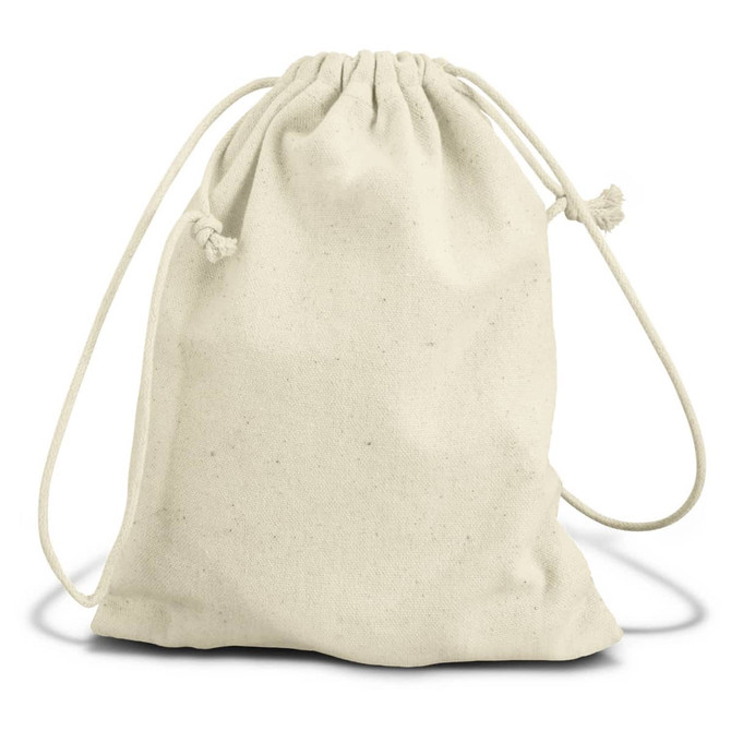 A cream drawstring bag made of canvas material, featuring a simple, unadorned design.