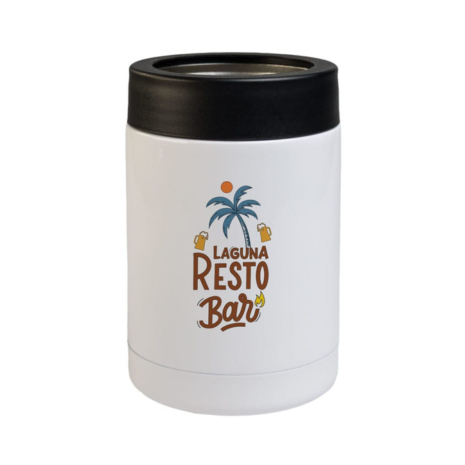 A drink bottle in white stainless steel with a black lid, featuring a circular logo design.