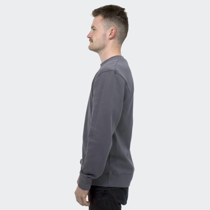 A unisex grey sweatshirt displayed from the side, featuring a simple design and crew neck. It includes a logo.