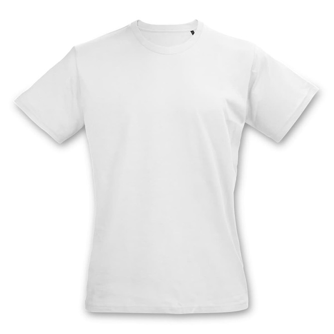 A plain white women's T-shirt with short sleeves, featuring a logo. Ideal for casual wear.