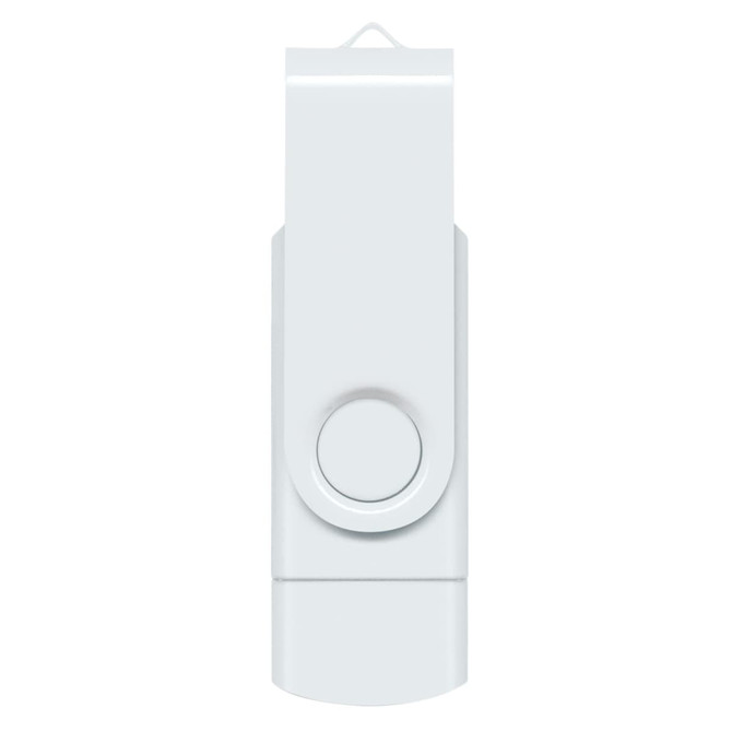 A white Helix 8GB dual flash drive with a swivel design and an attached loop for convenience.