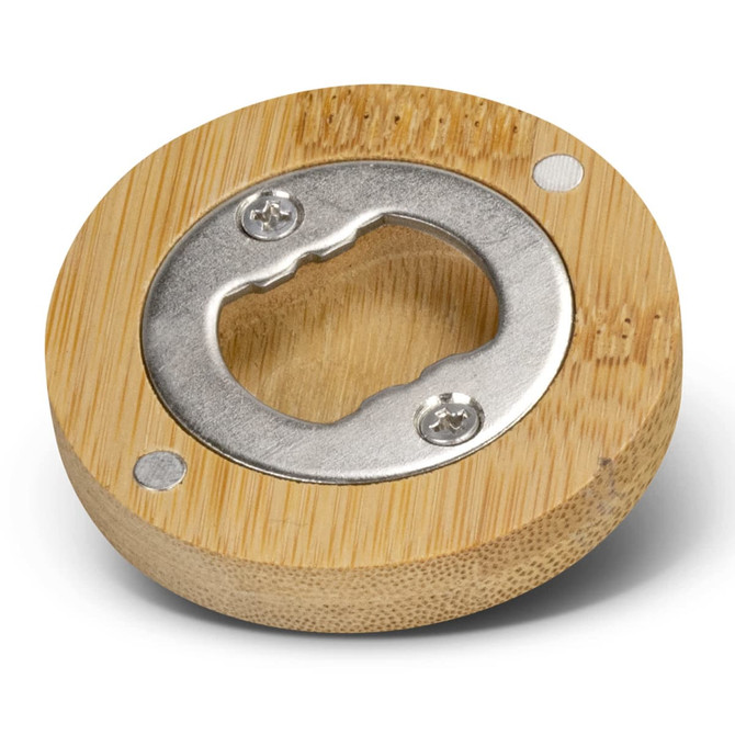A drink bottle opener made of bamboo with a stainless steel cap remover, featuring a circular design.