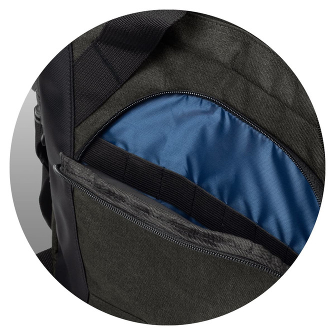 A dark green laptop bag featuring multiple compartments, including a blue-lined inner pocket and a sleek design.