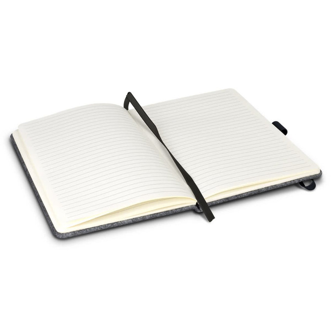 A grey RPET felt hard cover notebook with an elastic band and lined pages, open to display its interior.
