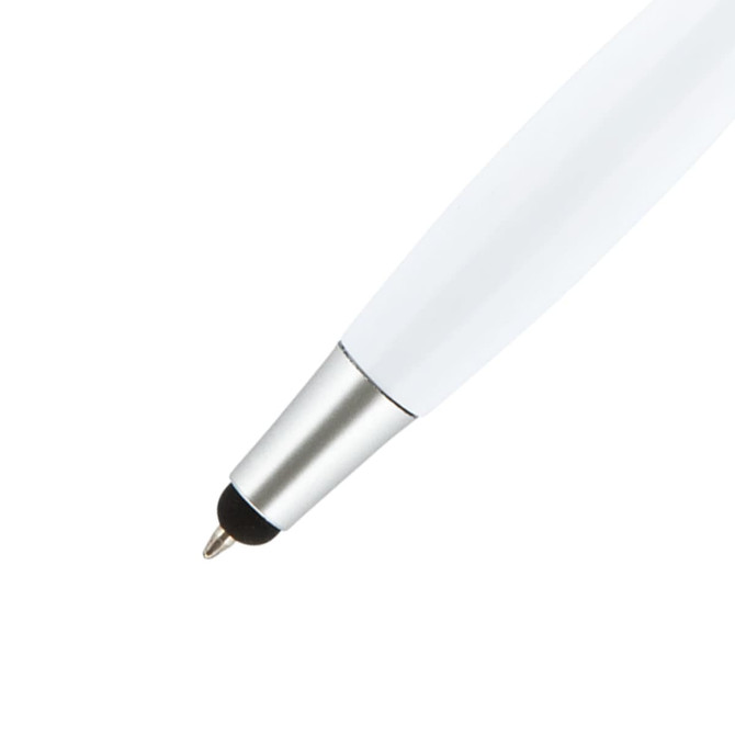 A white stylus pen with a silver tip and a black rubber end, featuring a branding logo.