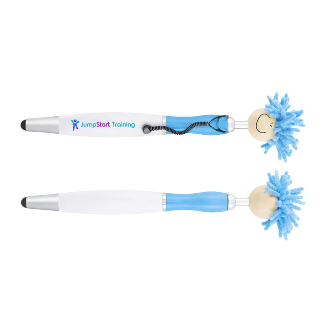 A stylus pen with a blue-haired, smiling character on top, featuring a white barrel and black and silver trim.