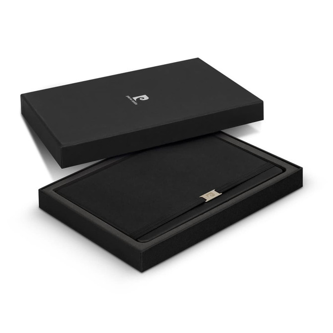 A black gift box with a matching black notebook set, featuring a simple, elegant design and a logo.