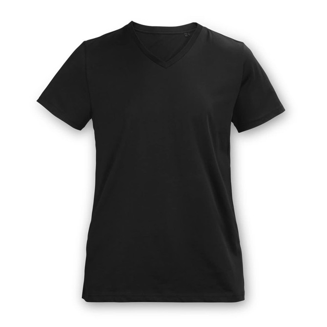 A black women's t-shirt with a v-neck and short sleeves, featuring a subtle logo.