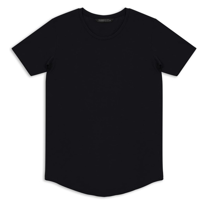 A black men's T-shirt with a rounded neckline and short sleeves. It features a logo on the label.