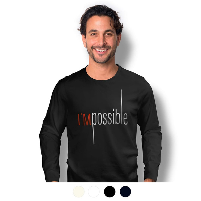 A man wearing a black long sleeve crew shirt with a design featuring the text "I'M possible" and a logo.