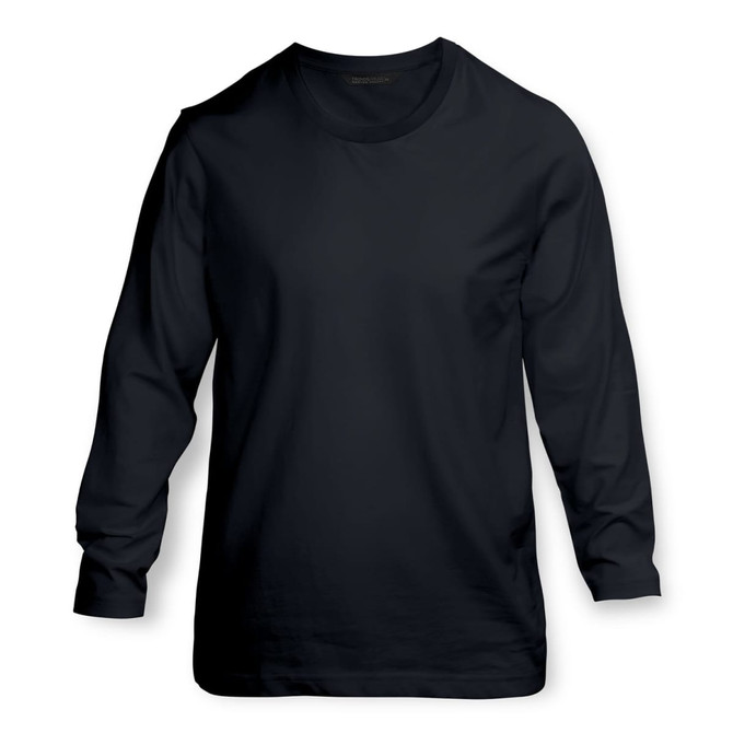 A long sleeve crew shirt in navy blue, featuring a round neckline and a plain design. It has a branding logo.